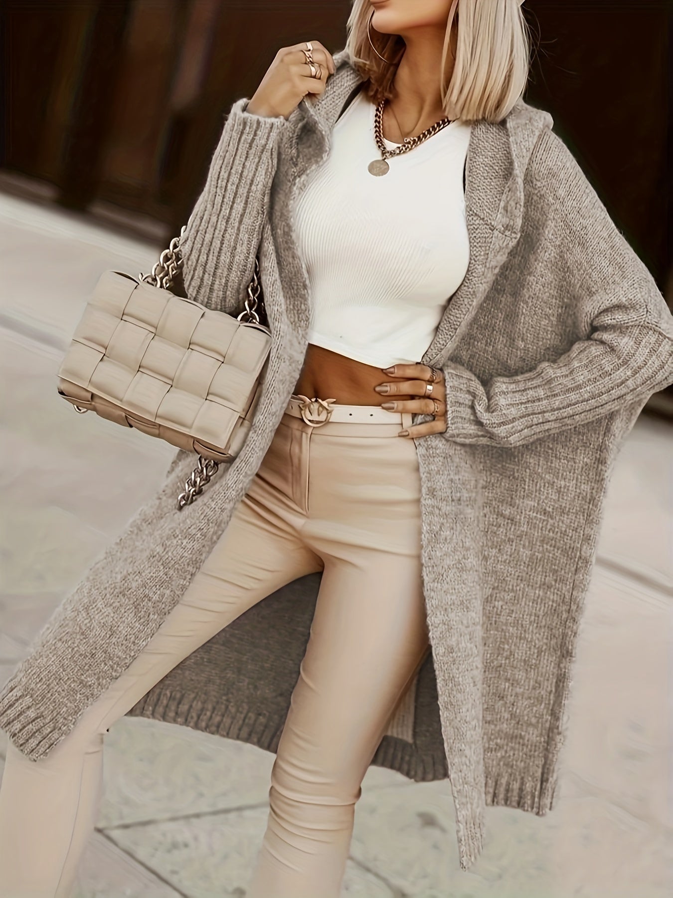 Letter Print Hooded Cardigan – Women’s Long Knit Autumn/Winter Sweater