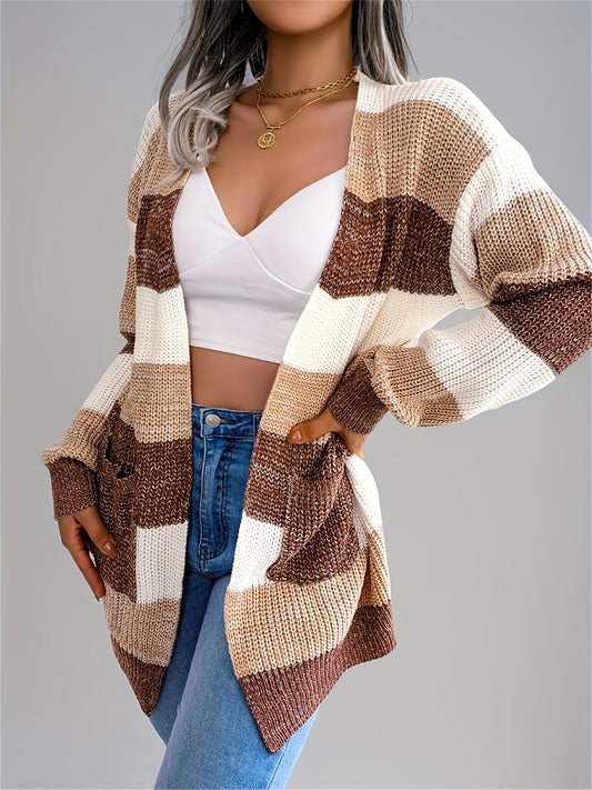 Cárdigan a rayas con bloques de color para mujer – Suéter de punto de invierno con mangas abullonadas