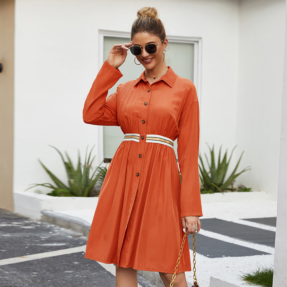 Casual Polo Collar Midi Dress – Elegant Long Sleeve A-Line Dress
