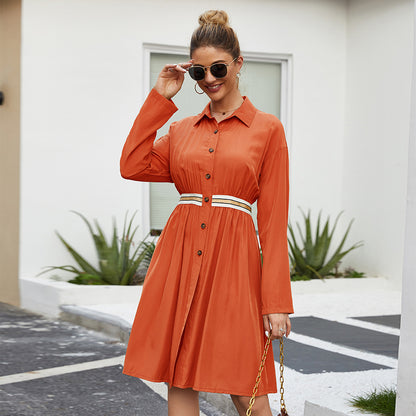 Casual Polo Collar Midi Dress – Elegant Long Sleeve A-Line Dress