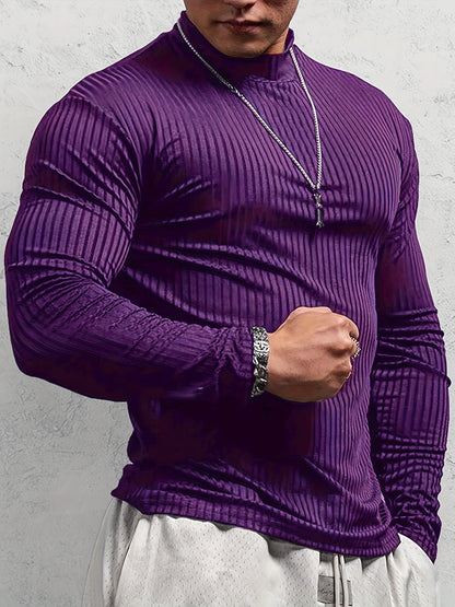 Camiseta de manga larga ajustada acanalada para hombre – Camiseta deportiva con cuello alto