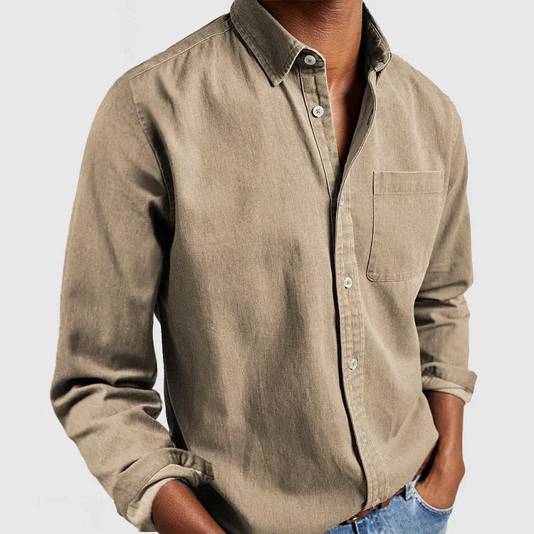 Camisa de manga larga con solapa para hombre – Cárdigan casual de mezcla de algodón