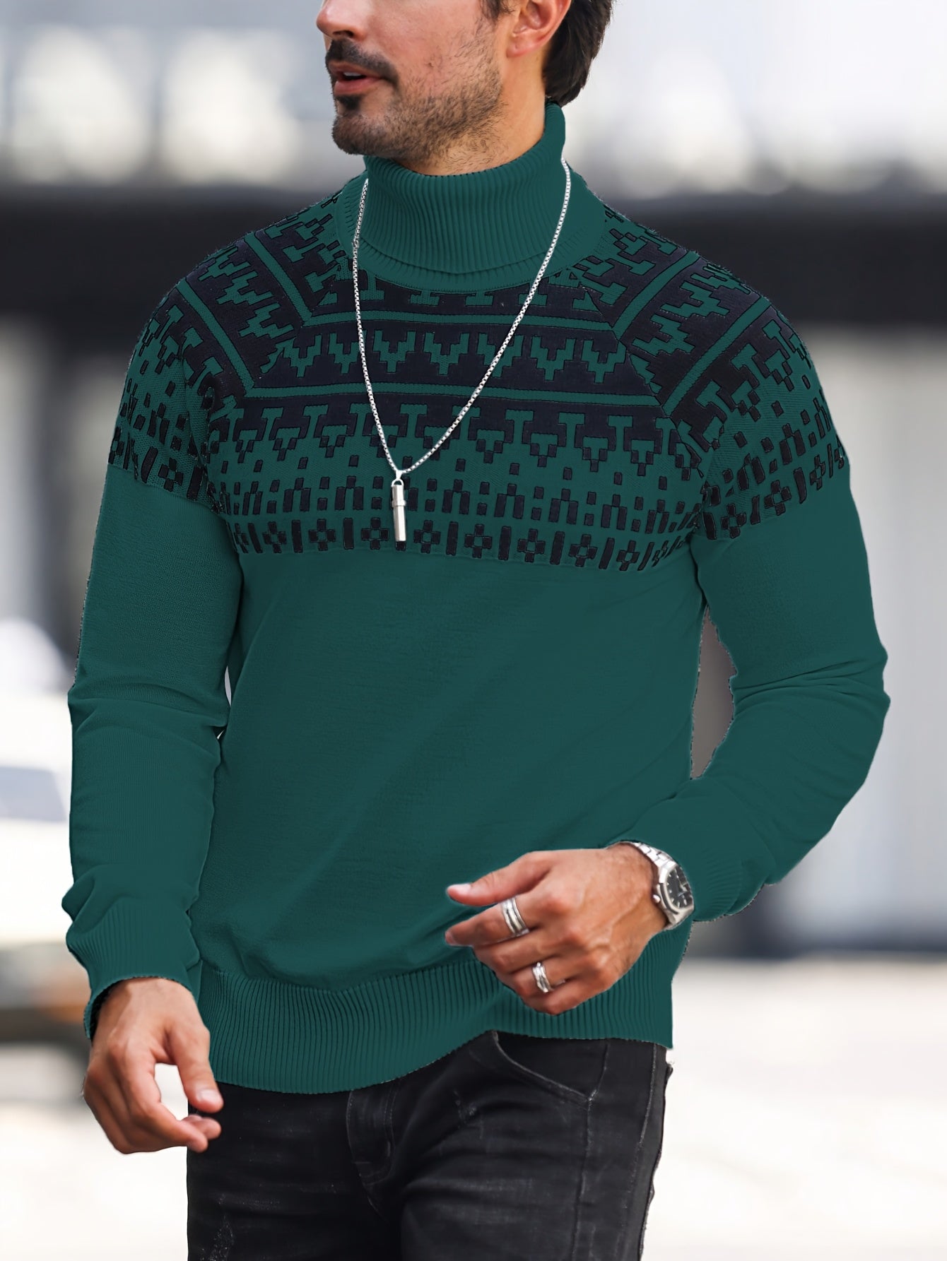 Men’s Geometric Turtleneck Sweater – Casual Knit Pullover for Fall & Winter