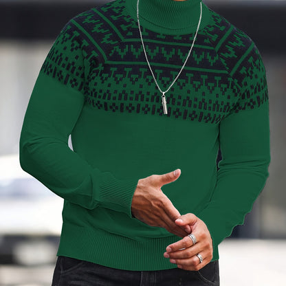 Men’s Geometric Turtleneck Sweater – Casual Knit Pullover for Fall & Winter