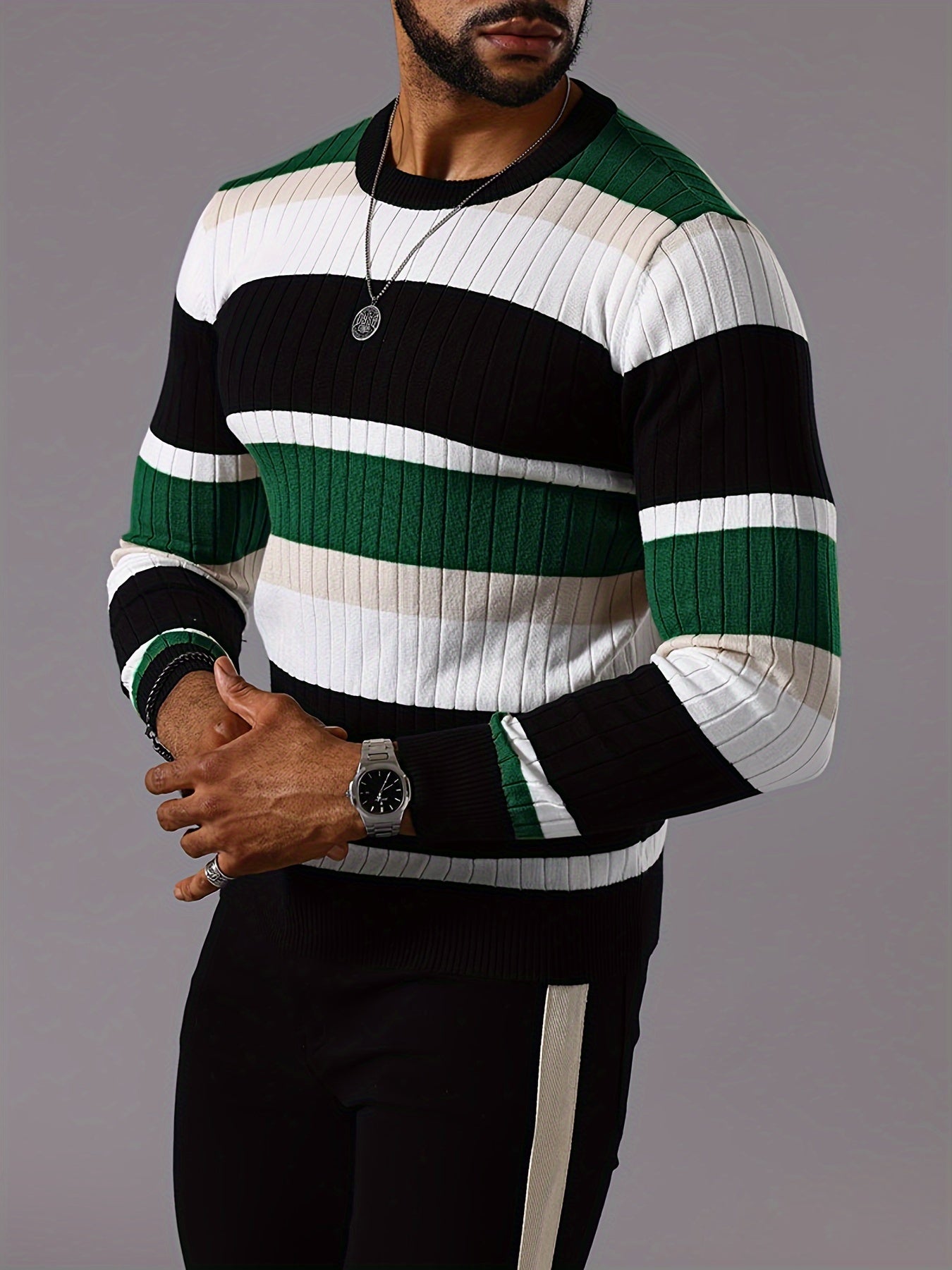 Pull rayé en tricot côtelé pour homme – Pull Color Block Automne Hiver