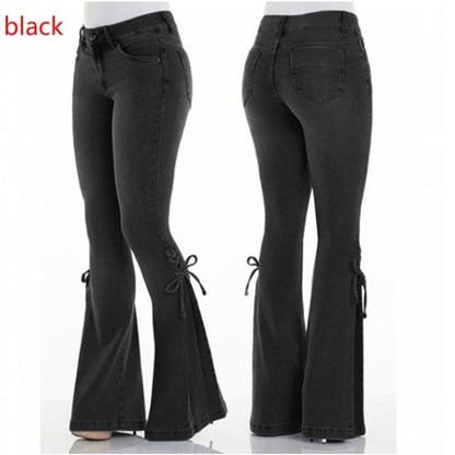 Loom & Soul™ Jeans elásticos de talle medio – Pantalones vaqueros ajustados desgastados para mujer