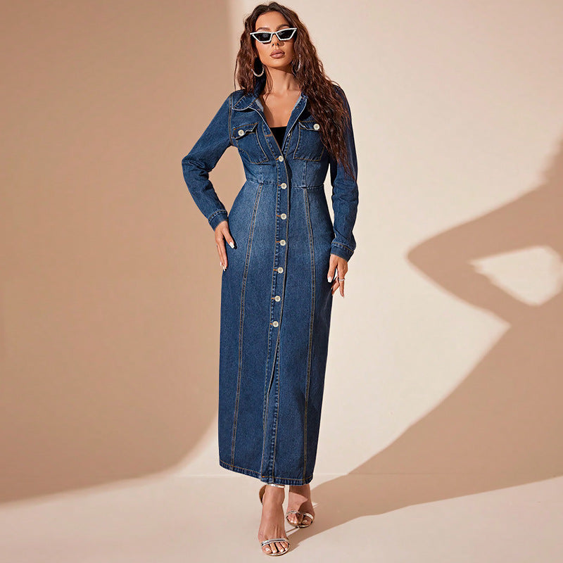 Women’s Denim Button-Front Cardigan Dress – Long Sleeve Street Fit