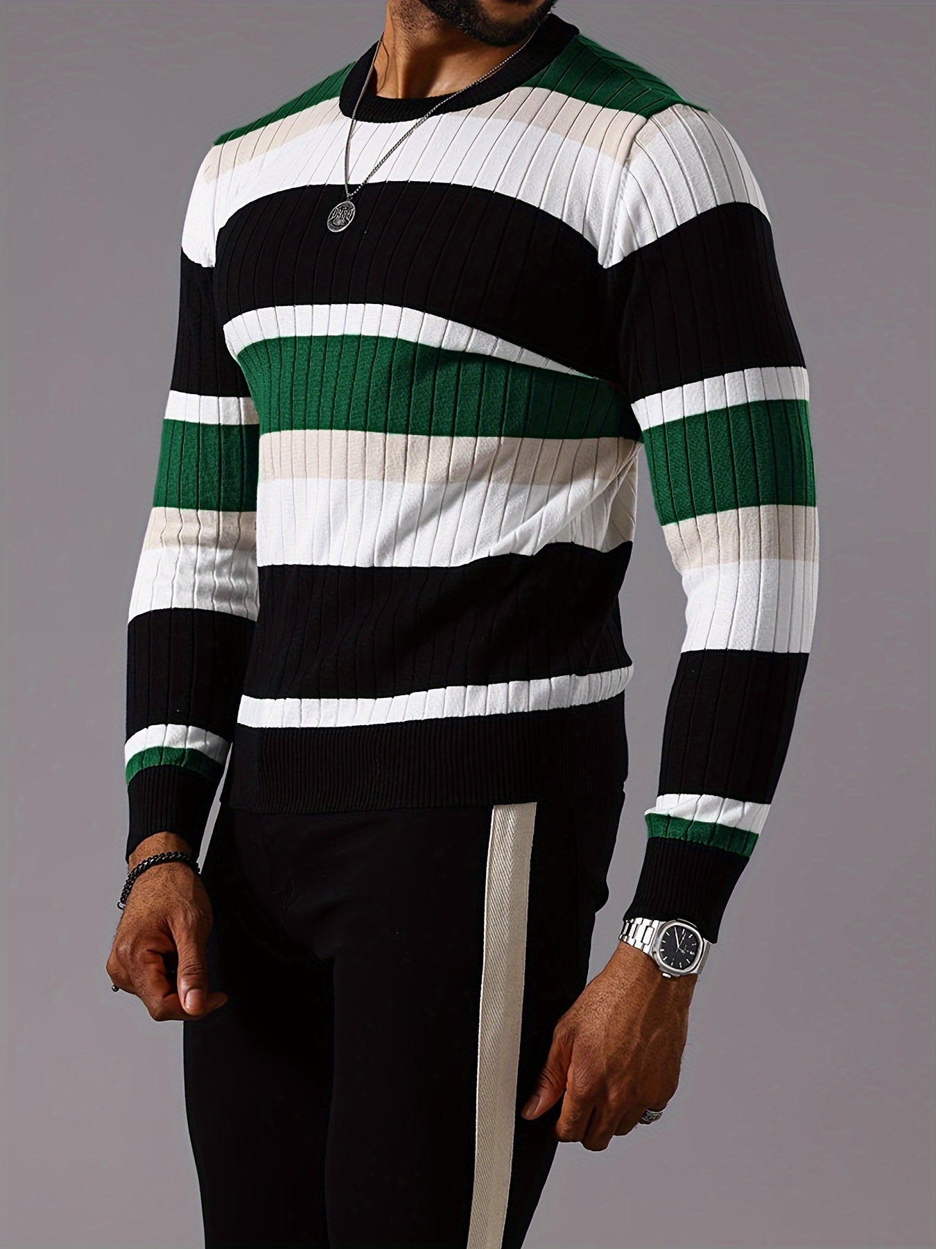 Pull rayé en tricot côtelé pour homme – Pull Color Block Automne Hiver
