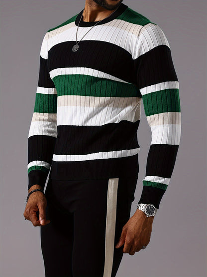 Pull rayé en tricot côtelé pour homme – Pull Color Block Automne Hiver