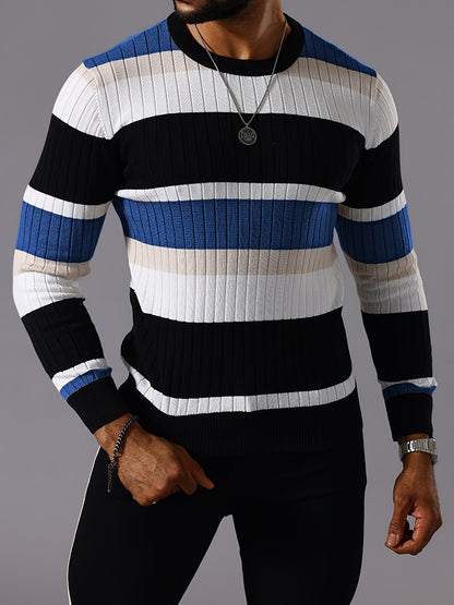 Pull rayé en tricot côtelé pour homme – Pull Color Block Automne Hiver