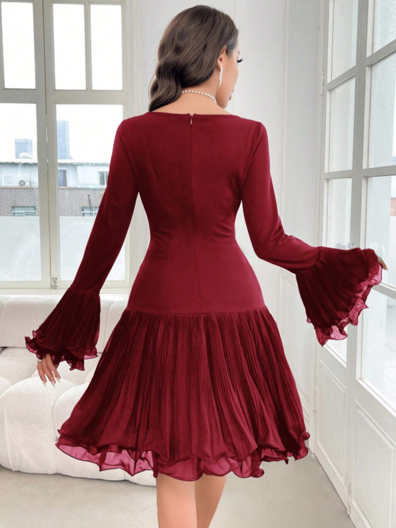 Burgundy Bardot Ruffle Dress – Elegant Vintage Party Midi Dress