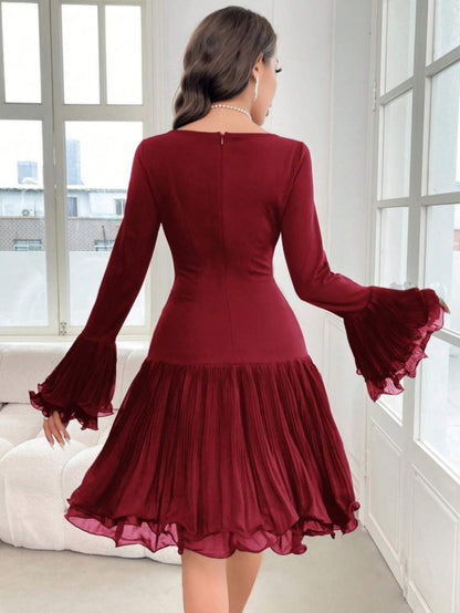 Burgundy Bardot Ruffle Dress – Elegant Vintage Party Midi Dress