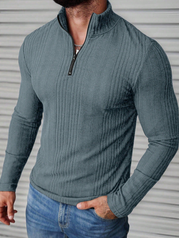 Sudadera con capucha de punto acanalado para hombre con cuello alto – Sudadera gruesa ajustada