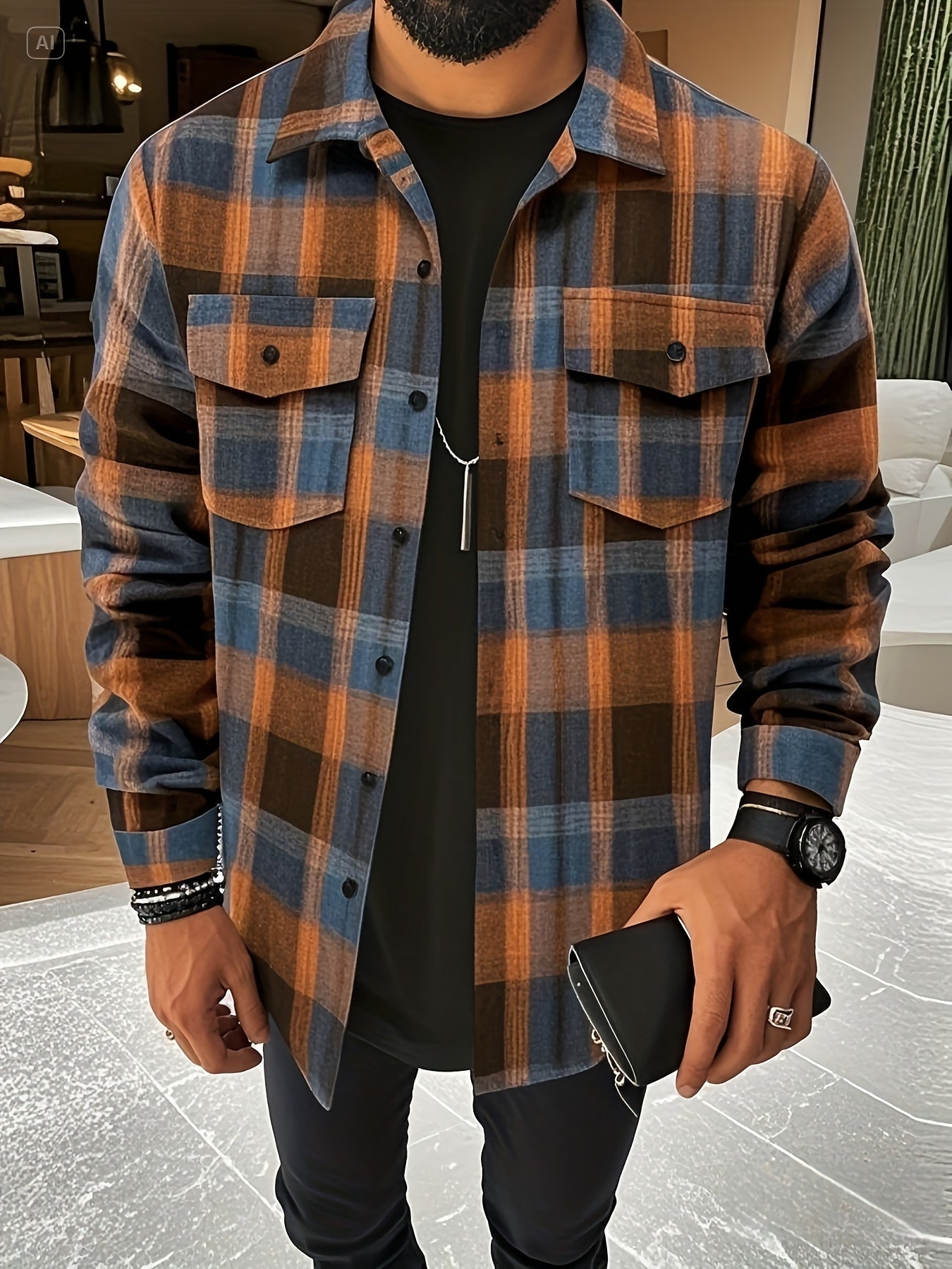 Camisa a cuadros verdes y azules para hombre – Camisa informal a cuadros con botones