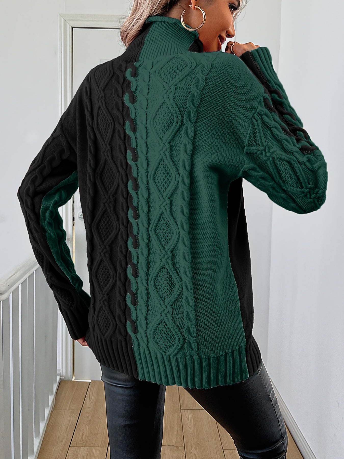 Blusa Elegante de Rayas con Cuello Alto – Top de Manga Larga de Punto Color Block