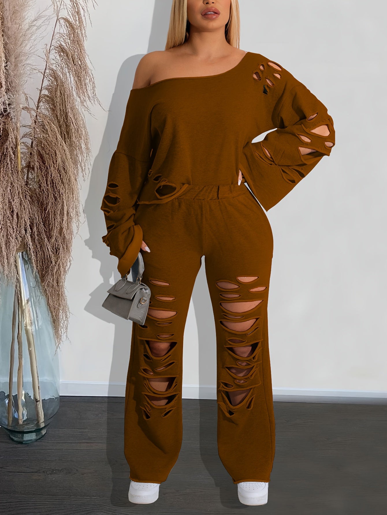 Ensemble 2 pièces femme épaules dénudées délavé – Haut manches longues et pantalon déchiré