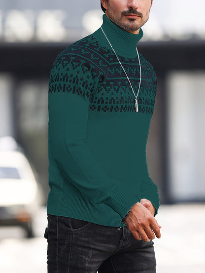 Men’s Geometric Turtleneck Sweater – Casual Knit Pullover for Fall & Winter