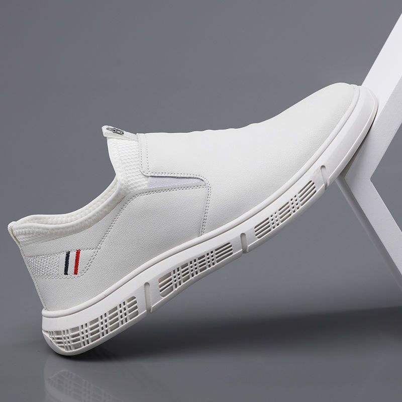 Zapatillas de caminar para hombre Loom & Soul en blanco y negro – Zapatos planos casuales de cuero de PU con acabado de gamuza, comodidad transpirable y diseño con cordones