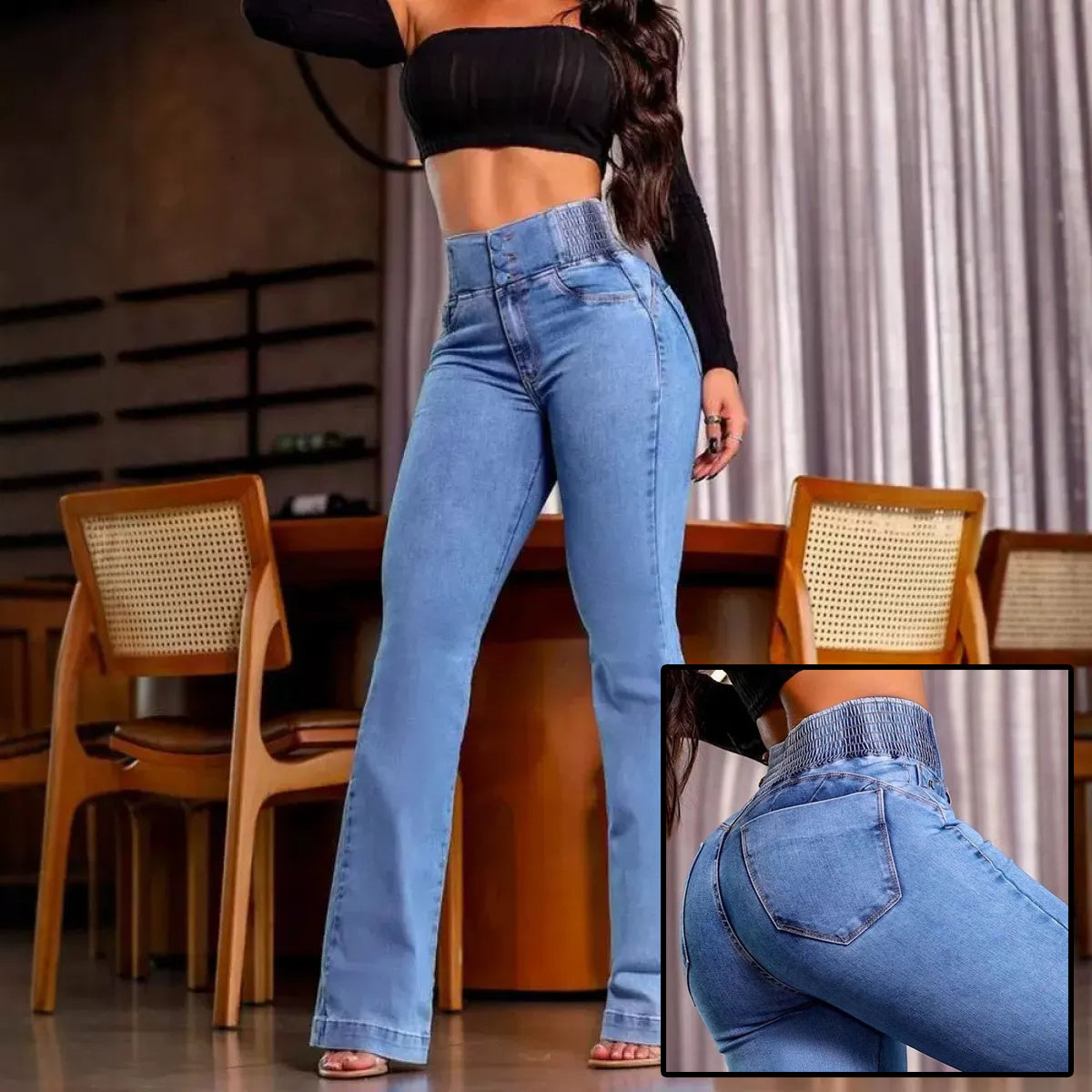 Pantalones vaqueros de talle alto con botones Loom & Soul™ - Pantalones vaqueros de mujer de corte entallado con la espalda fruncida