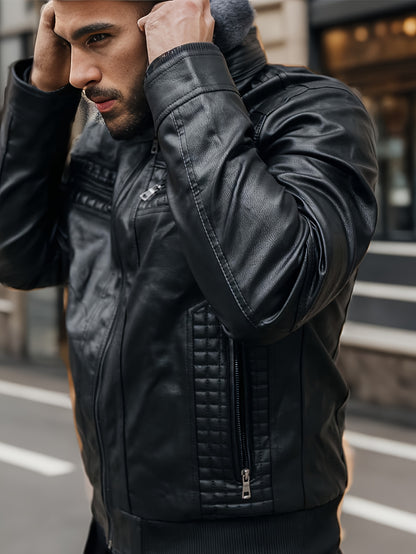 Chaqueta Bomber de Cuero Sintético para Hombre – Con Cremallera y Capucha Removible