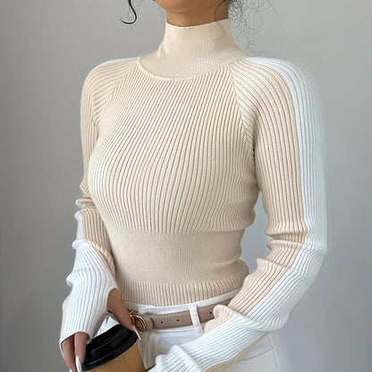Suéter de cuello alto color block para mujer - Blusa elegante de punto suave