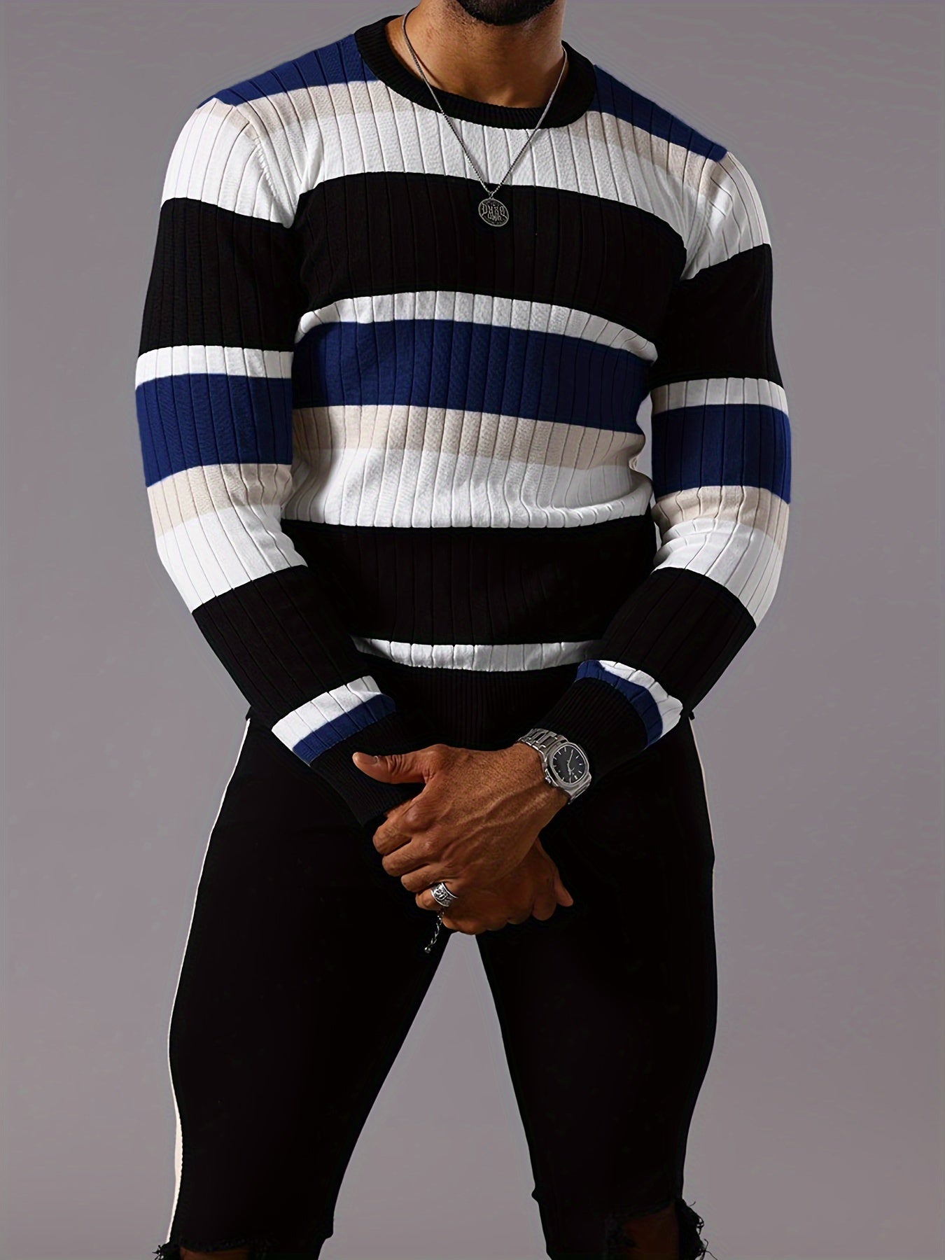 Pull rayé en tricot côtelé pour homme – Pull Color Block Automne Hiver