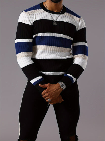 Pull rayé en tricot côtelé pour homme – Pull Color Block Automne Hiver