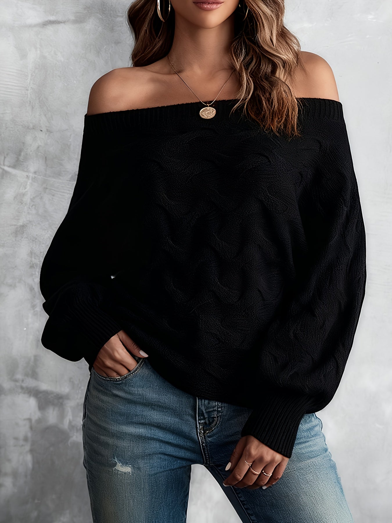 Suéter murciélago para mujer con hombros descubiertos – Tejido holgado para todas las estaciones