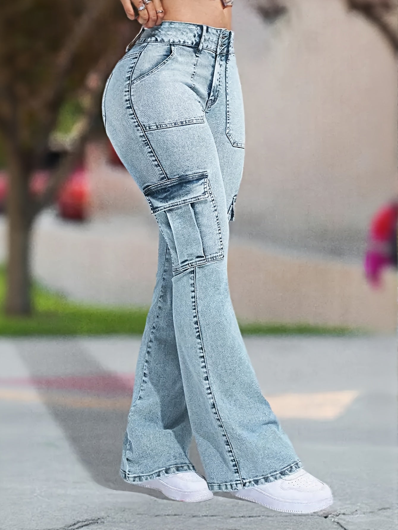 Vaqueros cargo vaqueros multibolso para mujer – Pantalones de trabajo ajustados tipo campana