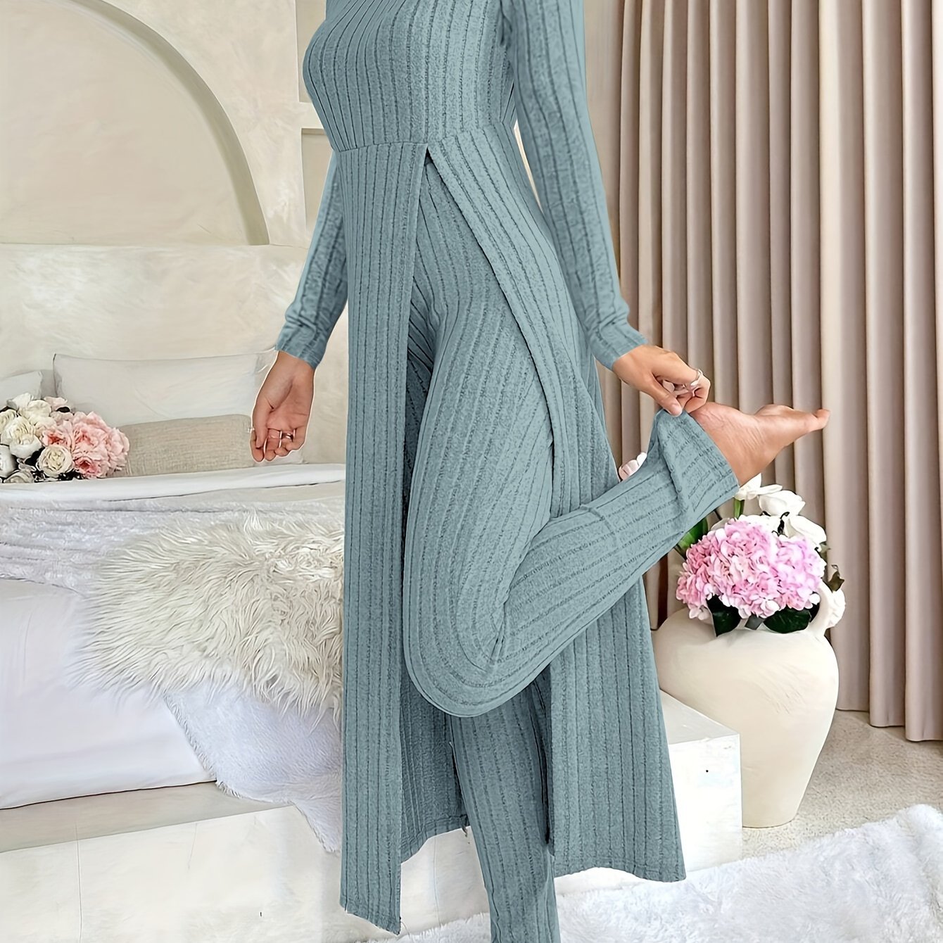 Ensemble deux pièces à carreaux – Haut à manches longues et pantalon assorti pour toutes les saisons