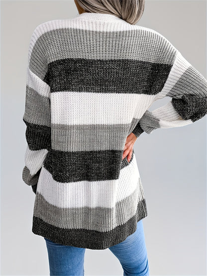 Women’s Color block Striped Cardigan – Puff Sleeve Winter Knit Sweater