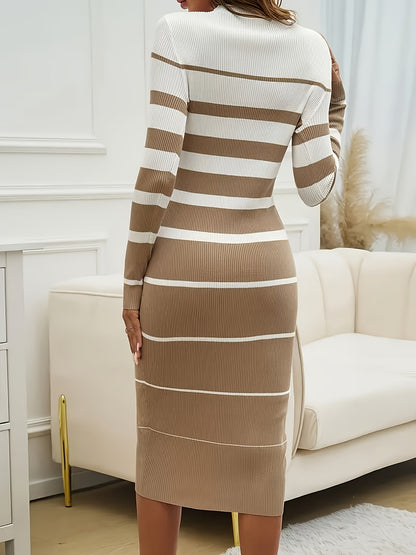 Striped Knit Sweater Dress – Long Sleeve Color Block Midi Dress