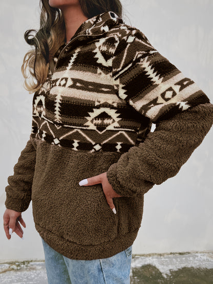 Sudadera de felpa con patrón geométrico Geo – Forro polar con media cremallera para otoño e invierno