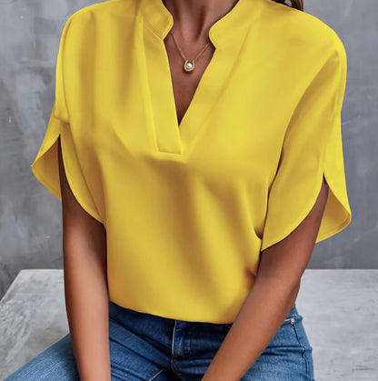 Loom & Soul™ Blusa de Gasa con Cuello en V – Top Elegante de Manga Corta para Verano para Mujer