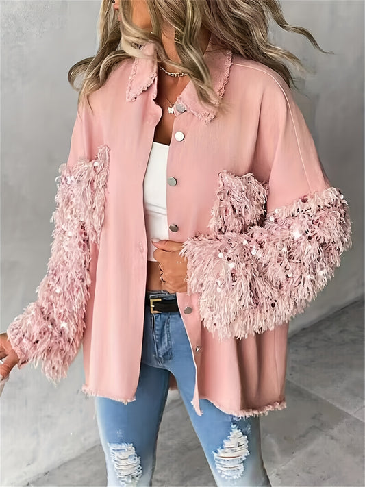 Women’s Sequin Tassel Patchwork Shacket – Fuzzy Contrast Long Sleeve Jacket