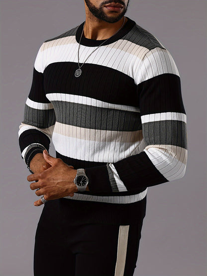 Pull rayé en tricot côtelé pour homme – Pull Color Block Automne Hiver