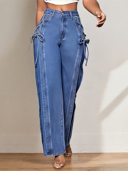 Vaqueros de pierna ancha con lazo lateral – Talle medio, ajuste relajado