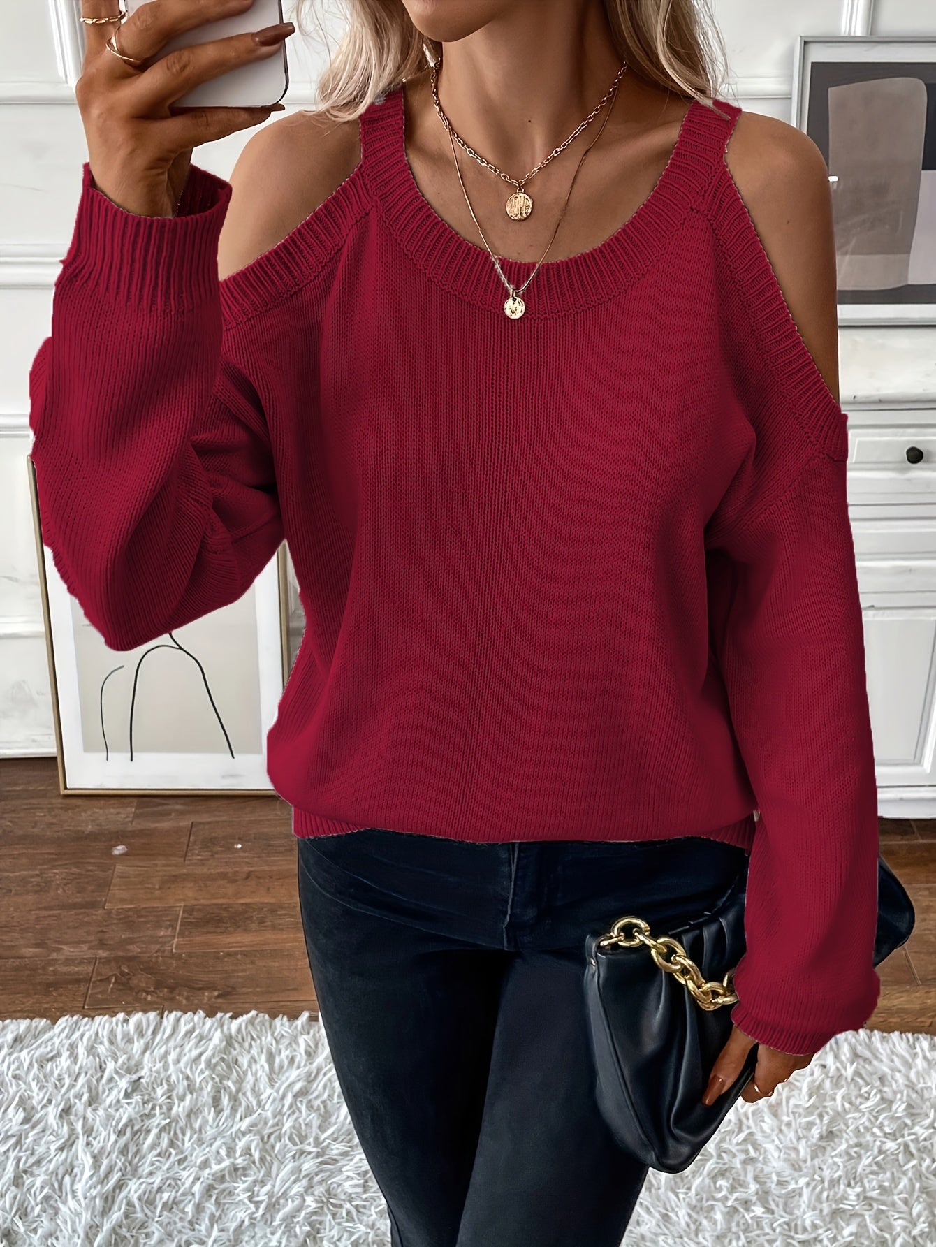 Suéter de punto suave para otoño/invierno con cuello redondo elegante para mujer