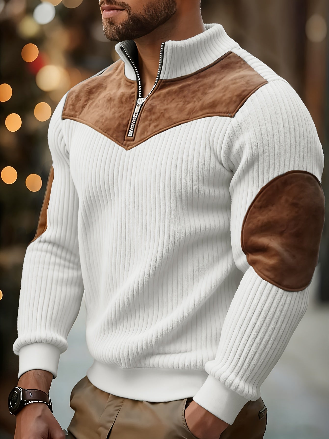 Jersey retro de cuello alto y media cremallera para hombre – Cálido y de canalé
