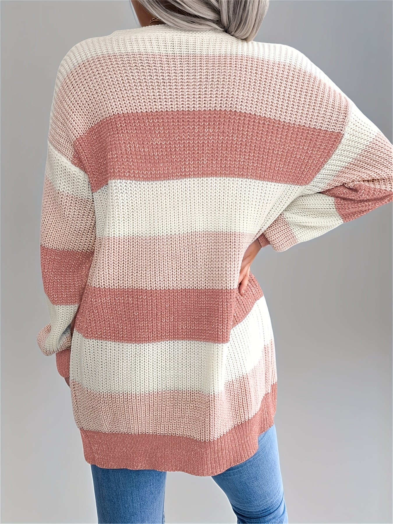 Women’s Color block Striped Cardigan – Puff Sleeve Winter Knit Sweater