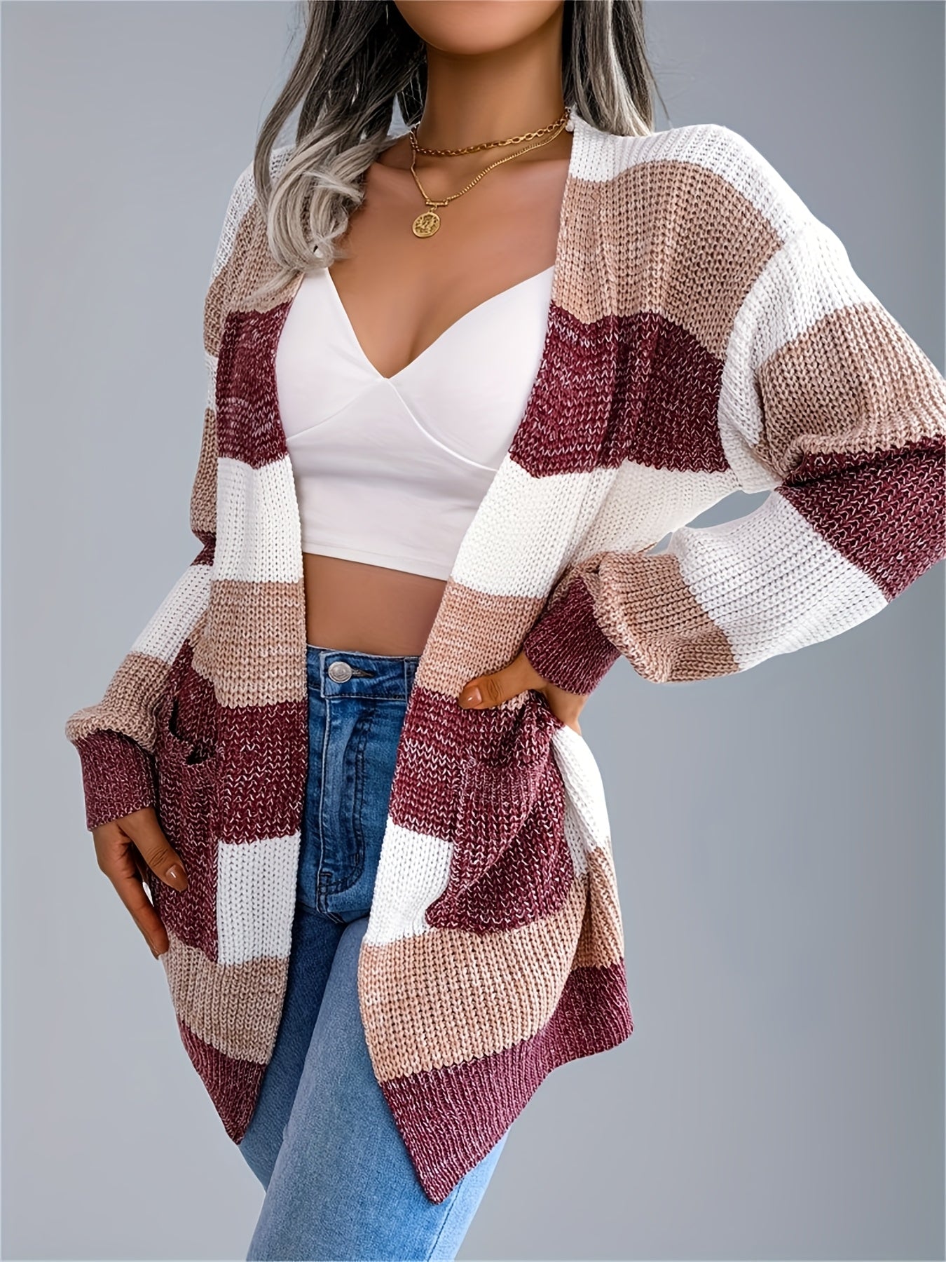 Women’s Color block Striped Cardigan – Puff Sleeve Winter Knit Sweater