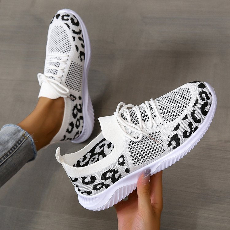 Zapatillas con cordones con estampado de leopardo de Loom & Soul – Zapatillas deportivas blancas casuales de mujer con puntera redonda