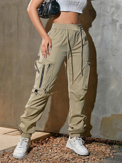 Pantalones cargo de mujer con cordón ajustable – Corte casual urbano con múltiples bolsillos