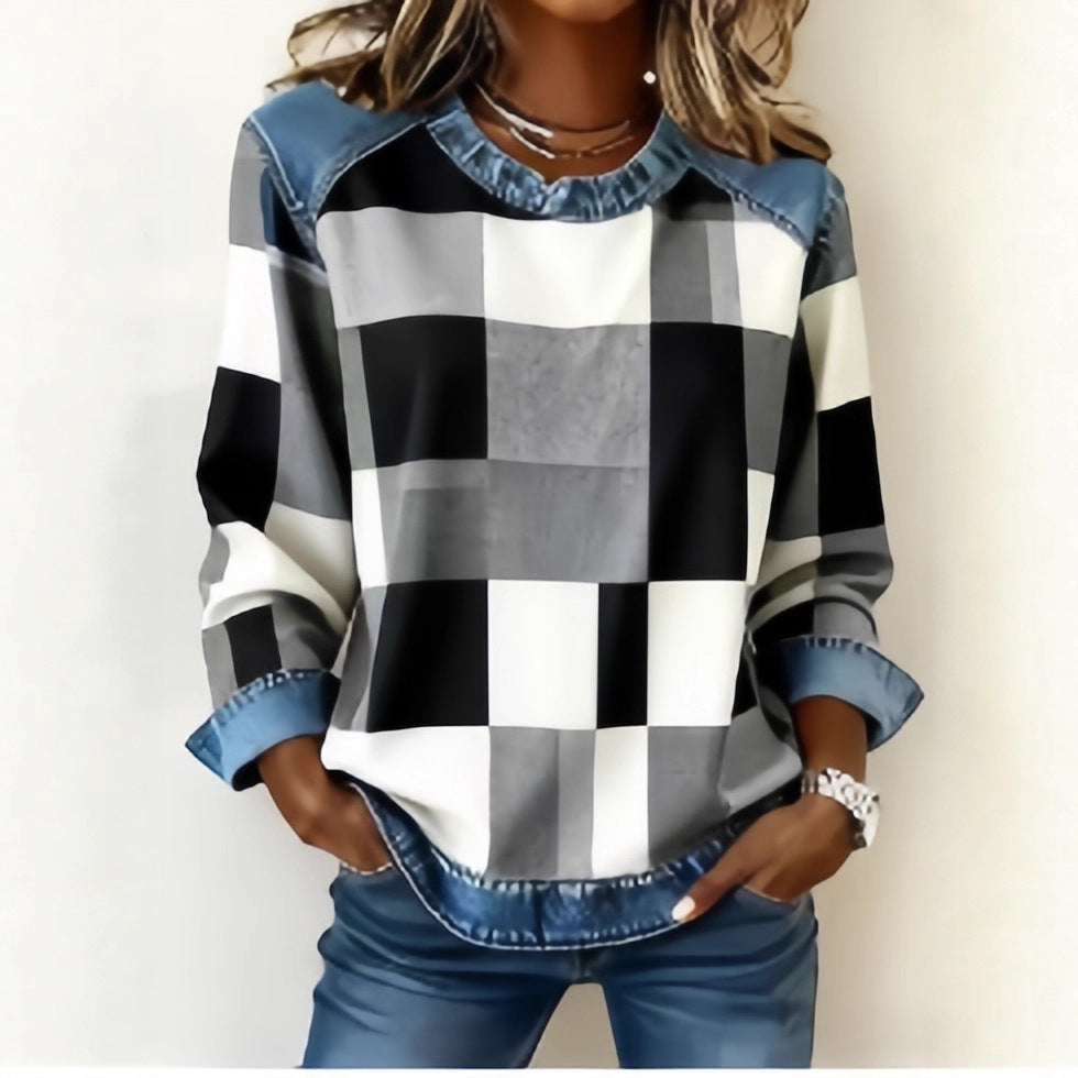 Sudadera de retazos de mezclilla para mujer - Sudadera floral con cuello redondo