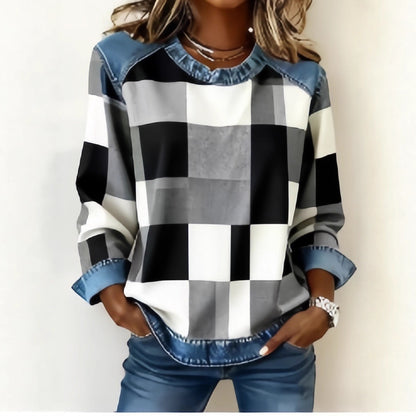 Sudadera de retazos de mezclilla para mujer - Sudadera floral con cuello redondo