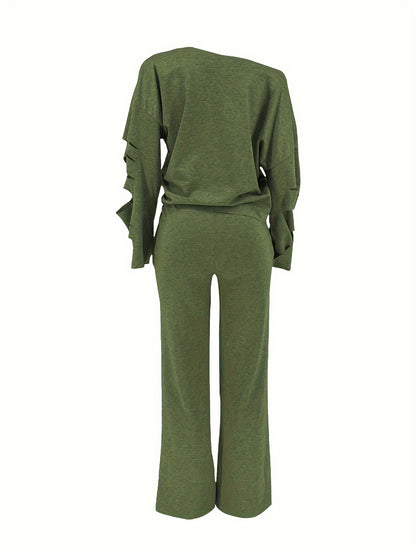 Ensemble 2 pièces femme épaules dénudées délavé – Haut manches longues et pantalon déchiré