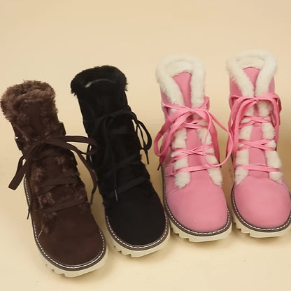 Bottes d'hiver élégantes à lacets pour femme – Chaussures chaudes mi-mollet en fausse fourrure pelucheuse
