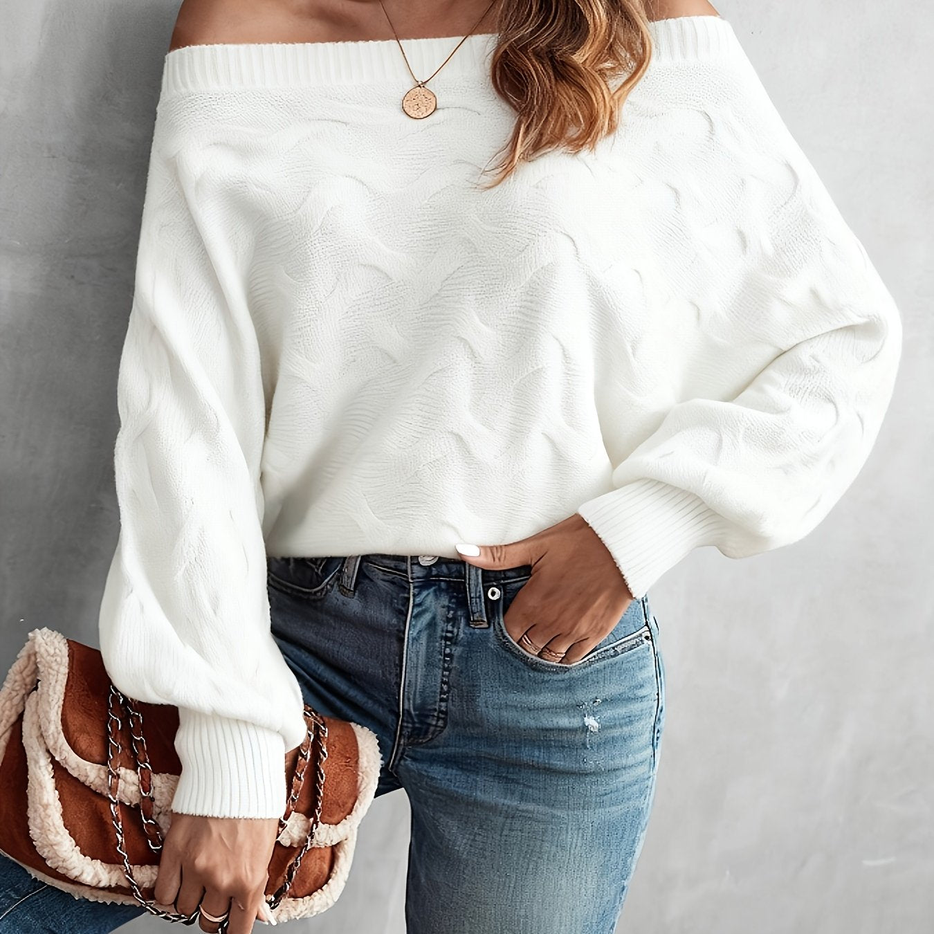 Suéter murciélago para mujer con hombros descubiertos – Tejido holgado para todas las estaciones