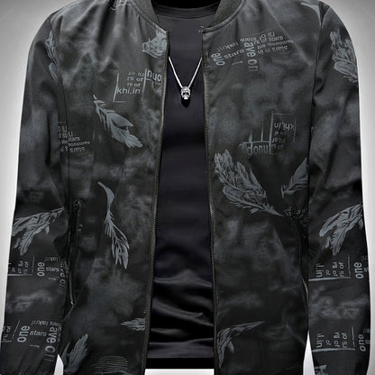 Men’s Feather Print Track Jacket – Zip-Up Baseball Collar Street Coat