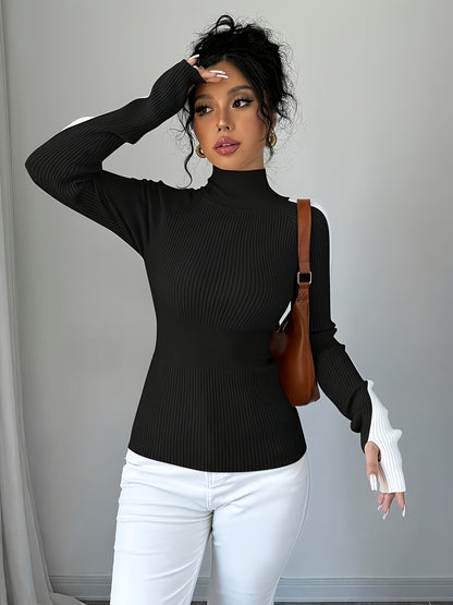 Suéter de cuello alto color block para mujer - Blusa elegante de punto suave